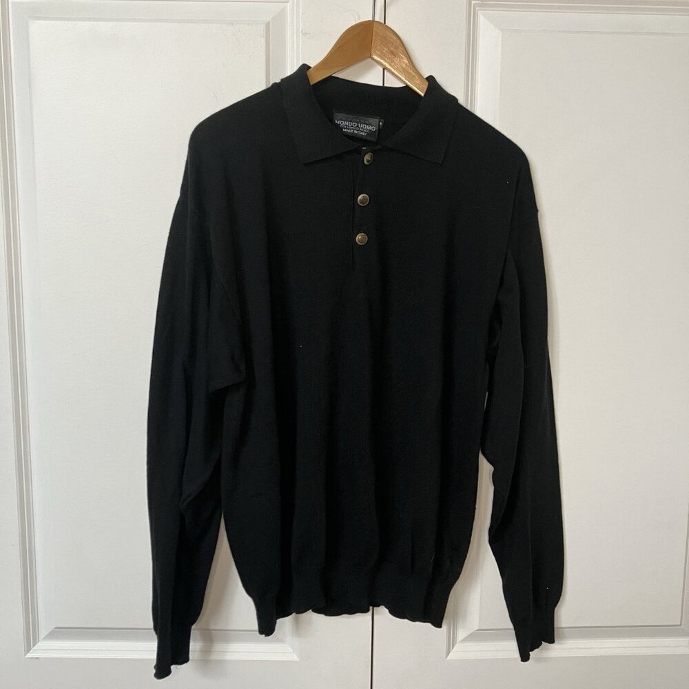 Vintage‎ Mondo Uomo Polo Sweater Mens M Italy Black Cotton Modal Academia